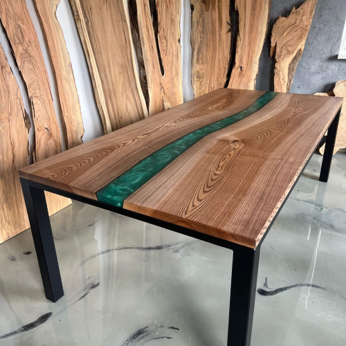 Mesa Escritorio en Madera Maciza de Roble con Río Epoxi Verde Mesa Escritorio en Madera Maciza de Roble con Río Epoxi Verde