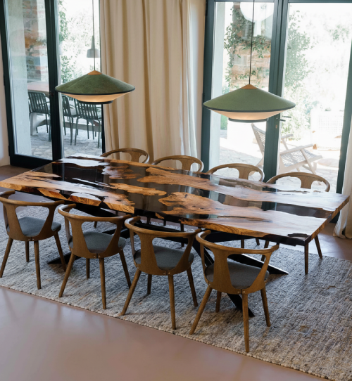 Mesa de madera de olivo Enigma fabricada en madera maciza con resina epoxi gris ahumado Precios de mesas de resina epoxi